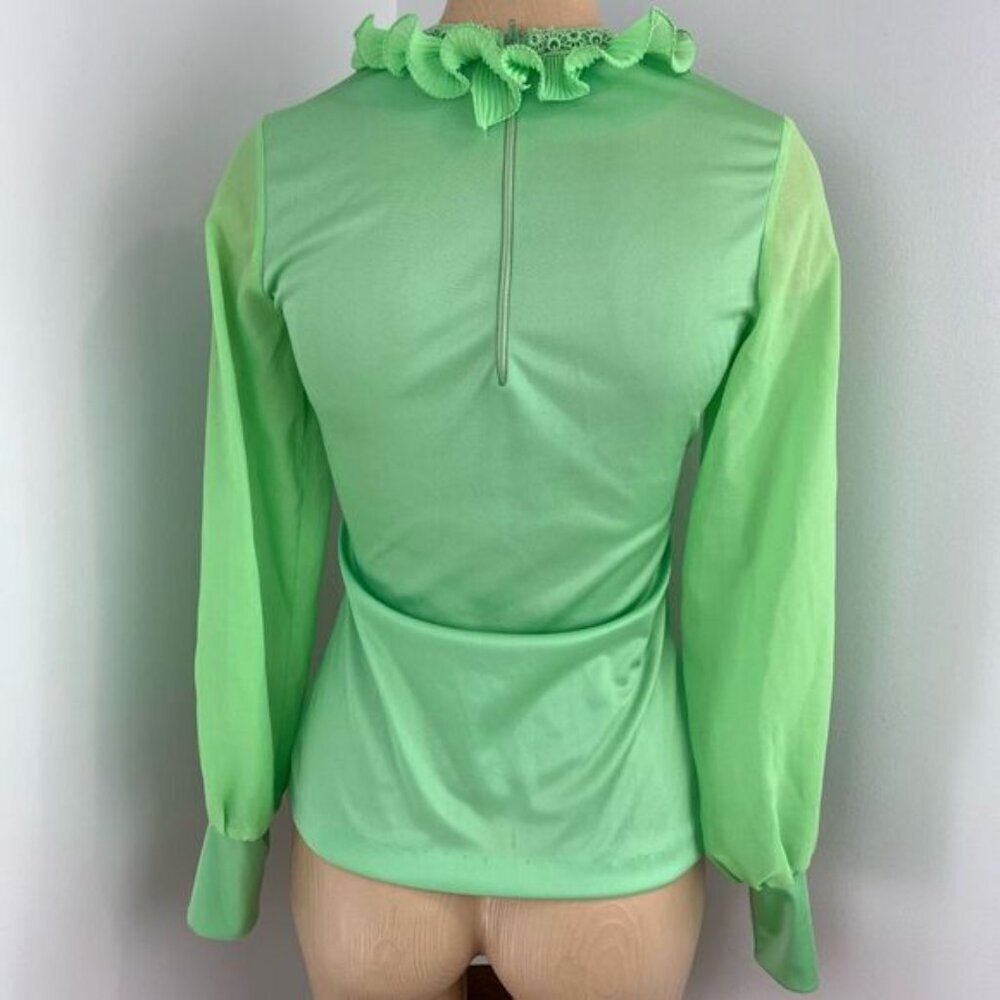 Vintage Young Con tempo’s Women's XS S Green Regal Ruffled Blouse Shirt Frill - Picture 6 of 16